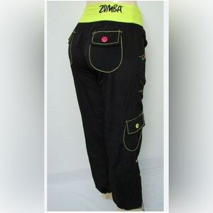 ZUMBA SAMBA CARGO PANTS  Women Size S Black Green Pocket Exercise Dance
